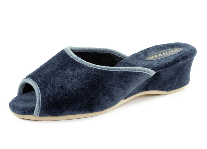 Huisschoenen - ELENA EDEN fluwelen muiltjes met contrasterende rand, in Größe 035 bis 041, in Farbe BLAU Ansicht 1
