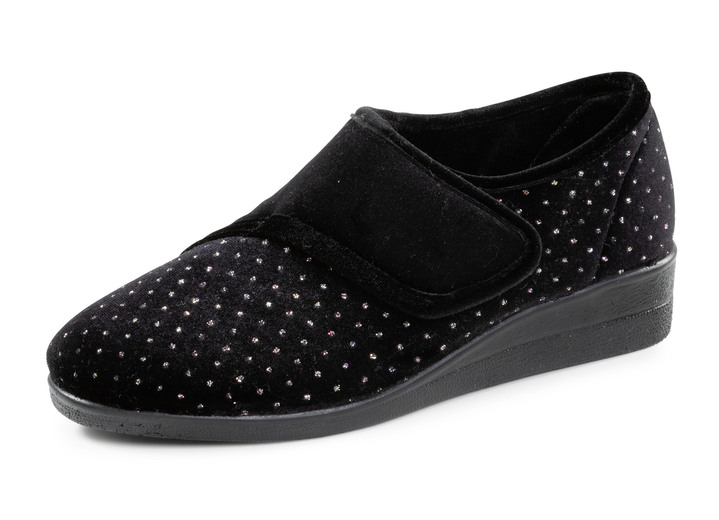 Huisschoenen - Laurina klittenbandschoen met subtiel sprankelend glitterreliëf, in Größe 036 bis 042, in Farbe SCHWARZ Ansicht 1