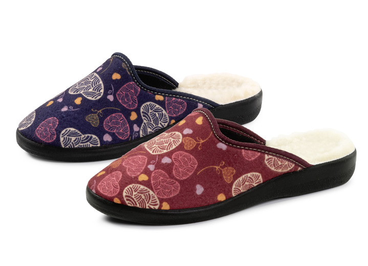 Huisschoenen - Set van twee gevoerde damespantoffels, breedte H, met textielprint, in Größe 036 bis 042, in Farbe 1X BORDEAUX, 1X MARINE Ansicht 1