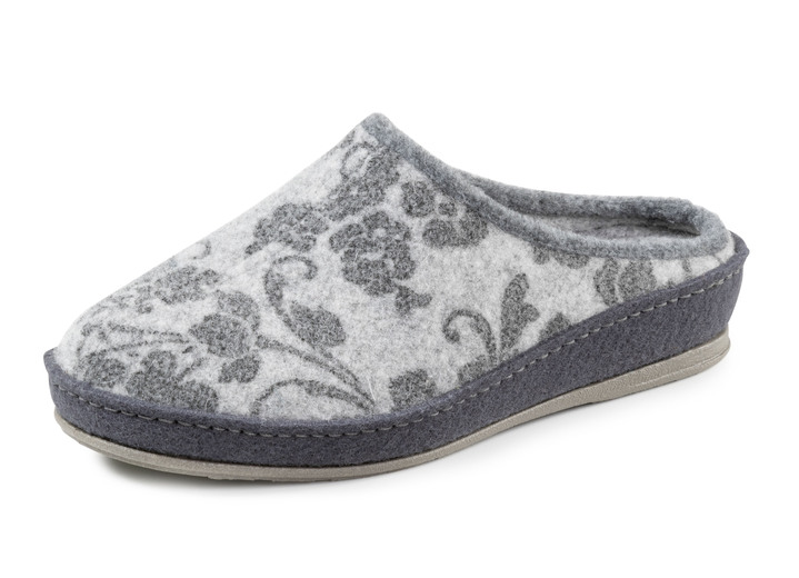 Huisschoenen - Pantoffels van wolvilt met bloemenprint, in Größe 036 bis 042, in Farbe GRAU Ansicht 1