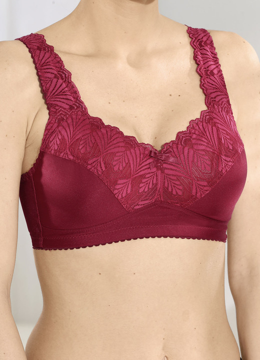 BH zonder beugel - BH met subtiel glanzend elastisch kant, in Größe 080 bis 110, in Cup D, in Farbe BORDEAUX Ansicht 1
