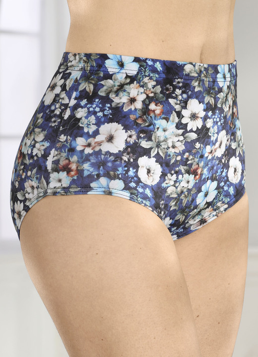 Slips - Laurina drie-pack slip met elastische tailleband, in Größe 038 bis 054, in Farbe 2X BLAUW-TURQUOISE KLEURRIJK GEDRUKT, 1X MARINE Ansicht 1