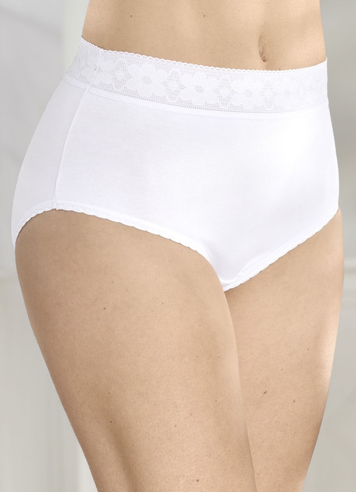 Slips - Verpakking met vijf slips met elastische band van kant, in Größe 038 bis 052, in Farbe WEISS Ansicht 1