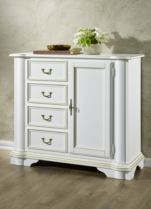 Dressoirs - Ladekast serie gemaakt van gedeeltelijk massief hout, in Farbe WIT-GOUD, in Ausführung Commode met schuifladen Ansicht 1