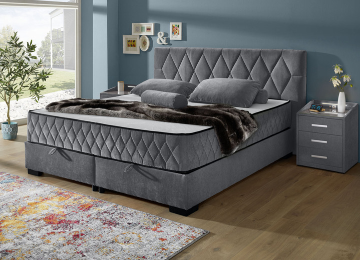 Boxspringbedden - Boxspringbed met omkeerbaar matras en bedbox, in Farbe ANTRACIET, in Ausführung Hoofdbord met diamantquilt Ansicht 1