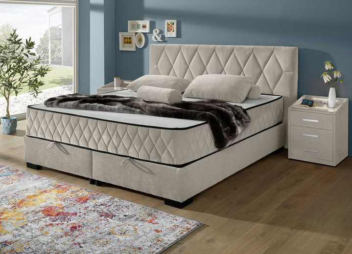 Boxspringbedden - Boxspringbed met omkeerbaar matras en bedbox, in Farbe ZAND, in Ausführung Hoofdbord met diamantquilt Ansicht 1