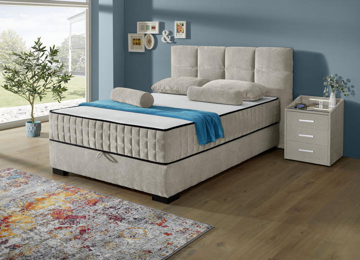 Boxspringbedden - Boxspringbed met omkeerbaar matras en bedbox, in Farbe ZAND, in Ausführung Hoofdbord met rechthoekige quilting Ansicht 1