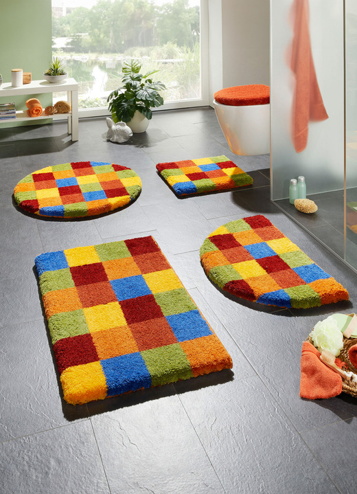 Badmatten - Badkamerset met kleurrijk design van Grund, in Größe 100 (Matje, halfrond 50/80 cm) bis 112 (Toiletdekselafdekking 47/50 cm), in Farbe KARO BUNT Ansicht 1