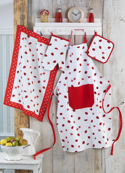 Cadeau-ideeën - Keukenfornuis met lieveheersbeestje- en paddenstoelmotieven, in Größe 200 (2 theedoeken, 50/70 cm) bis 502 (90/70 schort, 70/90 cm), in Farbe ROT-WEISS