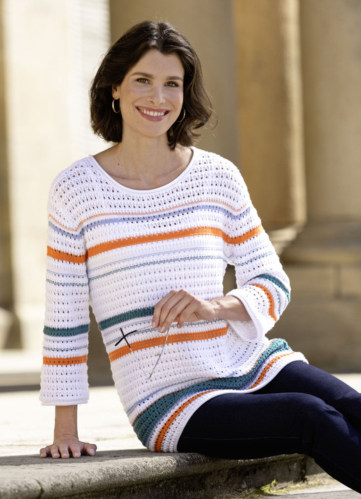 3/4-mouw - Trui met gehaakte look, in Größe L(44/46) bis XS (32/34), in Farbe WEISS-ORANGE-MULTICOLOR