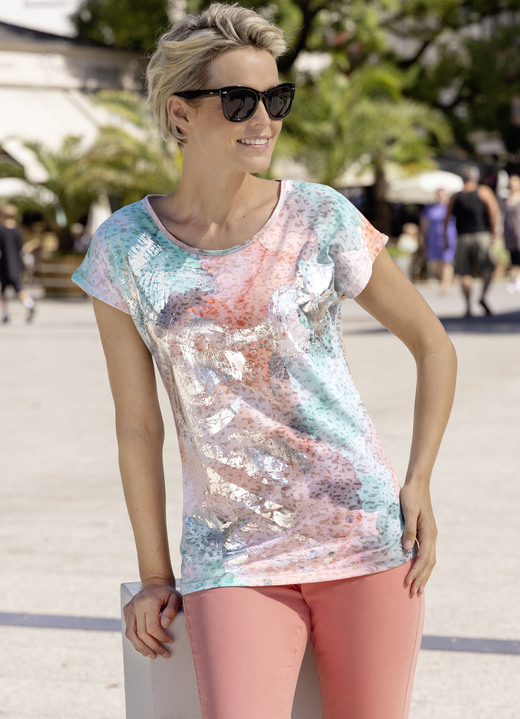 Korte mouw - Shirt met zilverfolieprint, in Größe 036 bis 048, in Farbe MUNT ZALM Ansicht 1