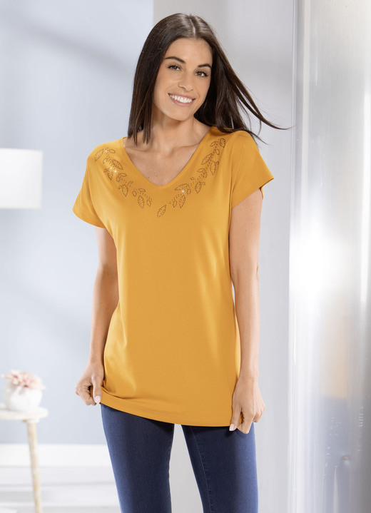 Korte mouw - Shirt met decoratieve strass steentjes Korte mouw - Shirt met decoratieve strass steentjes, in Größe 040 bis 054, in Farbe MAÏS GEEL