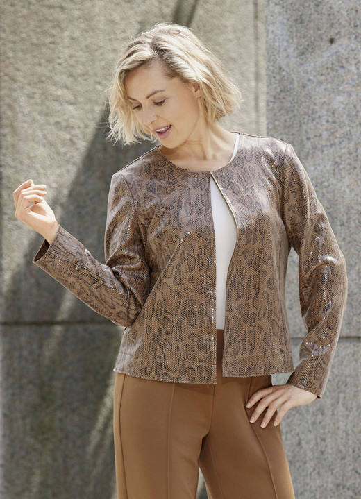 Kunstleren jacks - Kort jasje met trendy reptieldessin, in Größe 034 bis 052, in Farbe COGNAC-BROK Ansicht 1