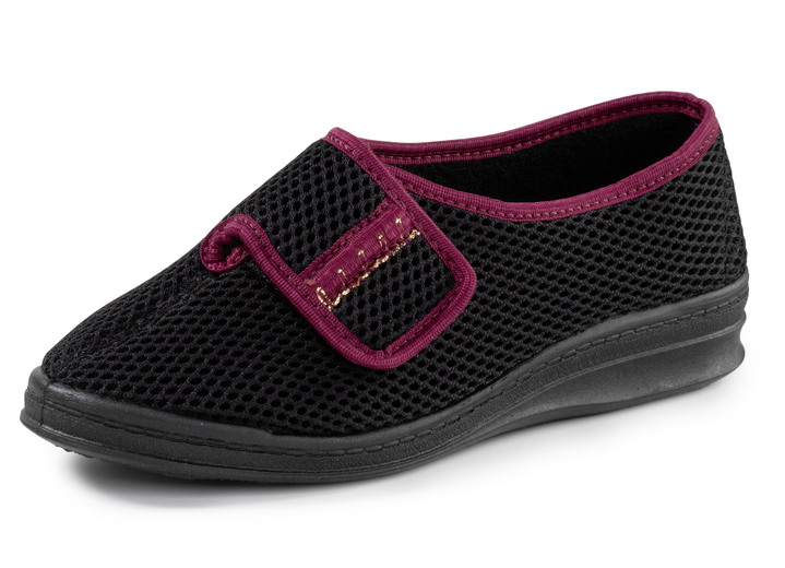 Huisschoenen - Klittenbandschoen met mooie rand, in Größe 036 bis 042, in Farbe SCHWARZ-BORDEAUX Ansicht 1