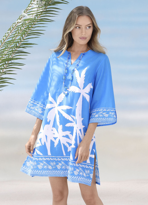 Strandjurken - Tuniek met palmprint, puur katoen, in Größe 036 bis 056, in Farbe BLAUW-WIT Ansicht 1