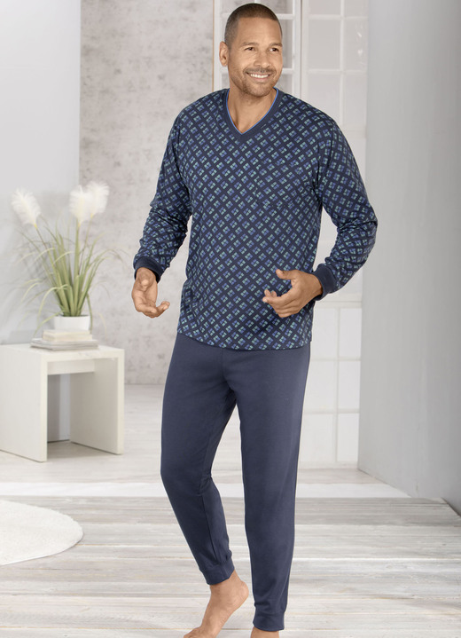 Pyjama's - Pyjama met V-hals en manchetten, in Größe 046 bis 062, in Farbe MARINE-BUNT