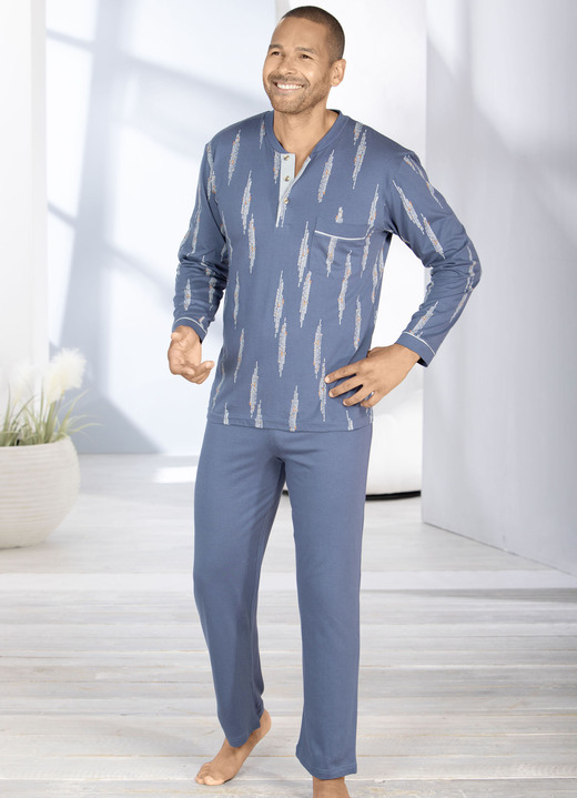 Pyjama's - Pyjama met knoopsluiting en open uiteinden, in Größe 046 bis 066, in Farbe JEANSBLAU-BUNT Ansicht 1