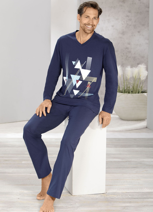 Pyjama's - Pyjama met V-hals en open uiteinden, in Größe 046 bis 062, in Farbe MARINE-BUNT Ansicht 1