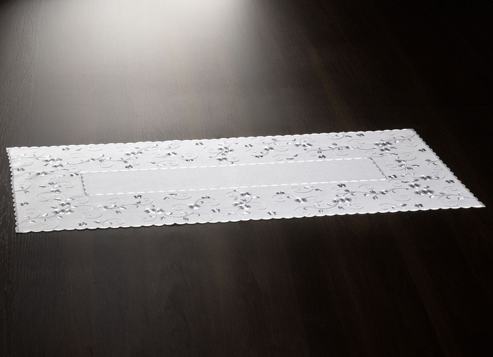 Woontextiel - Geborduurde tafel- en kamerdecoratie met bloemenrand, in Größe 140 (Loper, 40/90 cm) bis 404 (Kussensloop, 40/40 cm), in Farbe WOLLWEISS-GRAU Ansicht 1