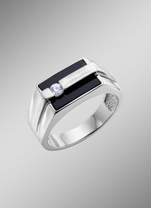 Ringen - Herenring van zilver met echte onyx en synthetische zirkonia, in Größe 180 bis 240, in Farbe  Ansicht 1