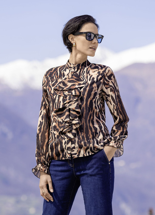 Lange mouw - Blouse met speelse ruches Lange mouw - Blouse met speelse ruches, in Größe 036 bis 052, in Farbe SCHWARZ-BRAUN-BEIGE
