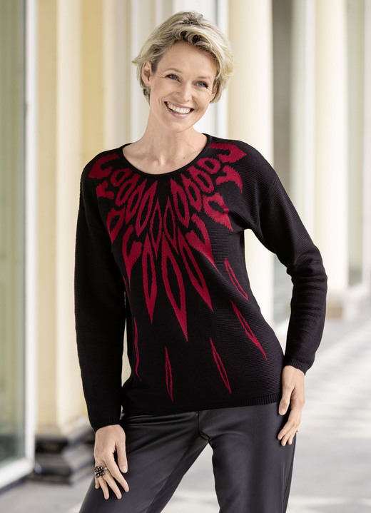 Truien - Trui met elegante glanzende jacquard, in Größe L(44/46) bis XXL(52/54), in Farbe SCHWARZ-ROT