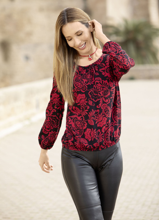 Lange mouw - Tuniek met decoratieve plooien, in Größe 036 bis 052, in Farbe SCHWARZ-ROT Ansicht 1