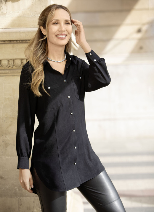 Lange mouw - Figuurnaadloze lange blouse Lange mouw - Figuurnaadloze lange blouse, in Größe 036 bis 054, in Farbe SCHWARZ