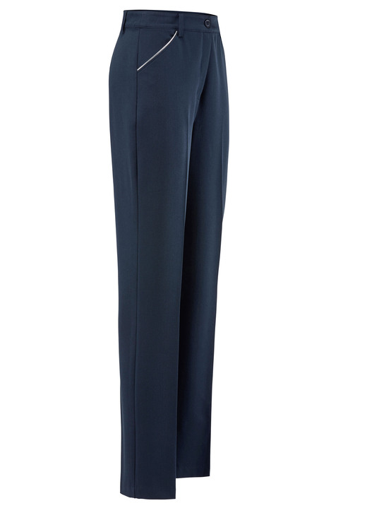 Broek met knoop- en ritssluiting - Broek met zilveren contrastbies Broek met knoop- en ritssluiting - Broek met zilveren contrastbies, in Größe 019 bis 054, in Farbe MARINE