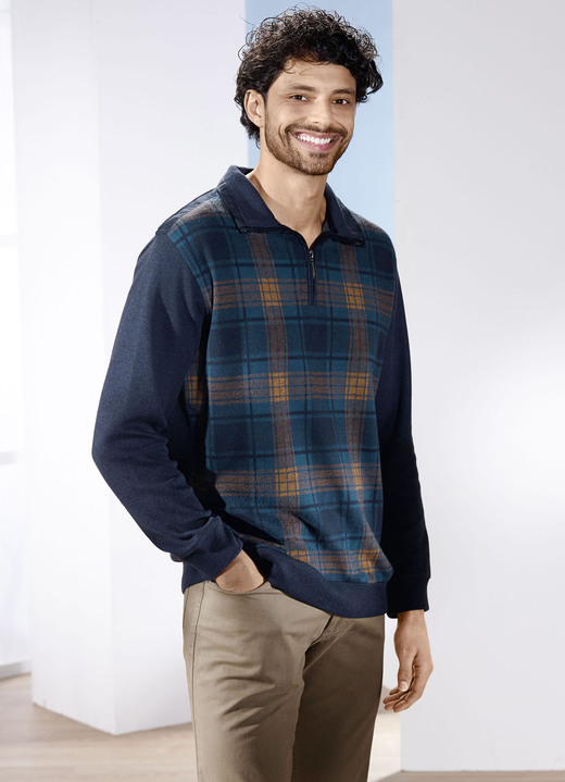 Sweatshirts - Troyer met korte rits, in Größe 046 bis 062, in Farbe MARINE KARIERT