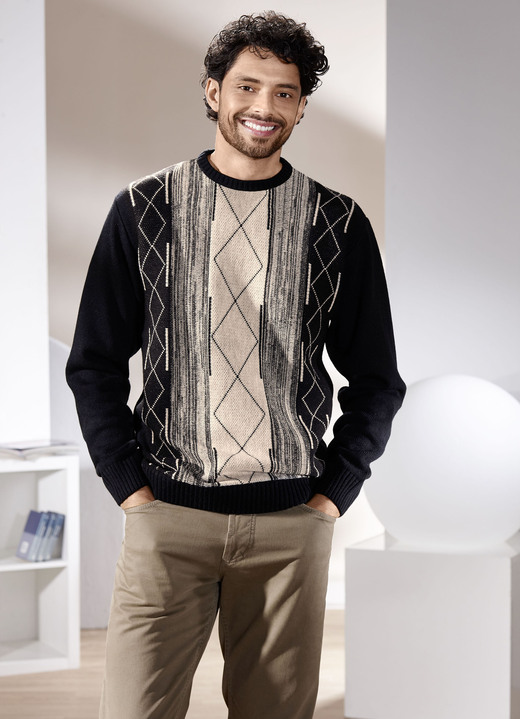 Multicolor - Trui met ronde hals en jacquardmotief, in Größe 046 bis 062, in Farbe SCHWARZ-BEIGE Ansicht 1