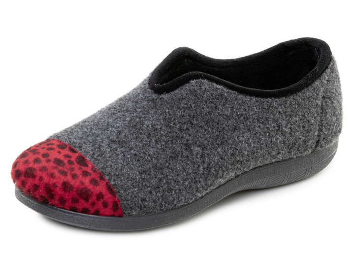 Huisschoenen - Laurina, trendy damespantoffels, breedte H, met luipaardprint, in Größe 036 bis 042, in Farbe ANTRACIET-ROOD Ansicht 1