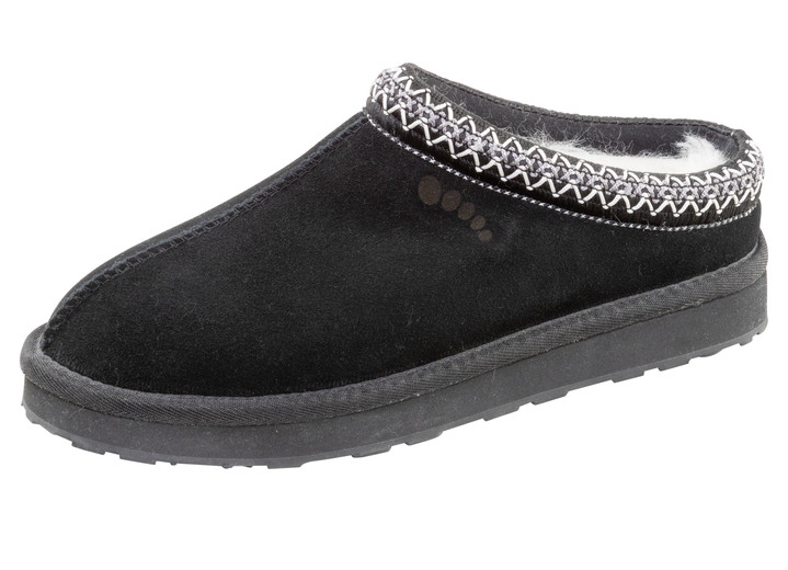 Huisschoenen - ELENA EDEN, warme damesklompen, met lamsvacht, in Größe 036 bis 042, in Farbe ZWART Ansicht 1