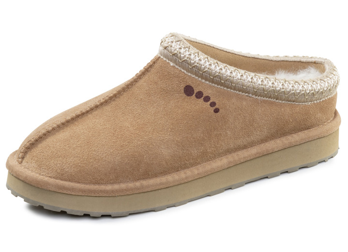 Huisschoenen - ELENA EDEN, warme damesklompen, met lamsvacht, in Größe 036 bis 042, in Farbe CAMEL Ansicht 1