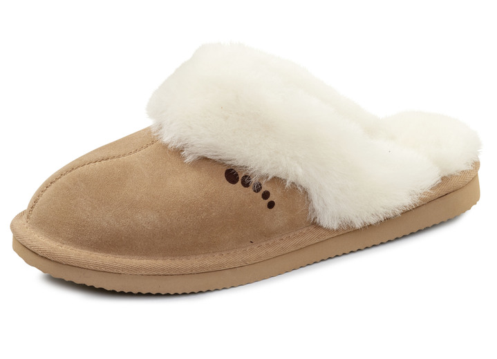 Huisschoenen - ELENA EDEN, warme damespantoffels, met lamsvacht, in Größe 036 bis 042, in Farbe KAMEEL Ansicht 1