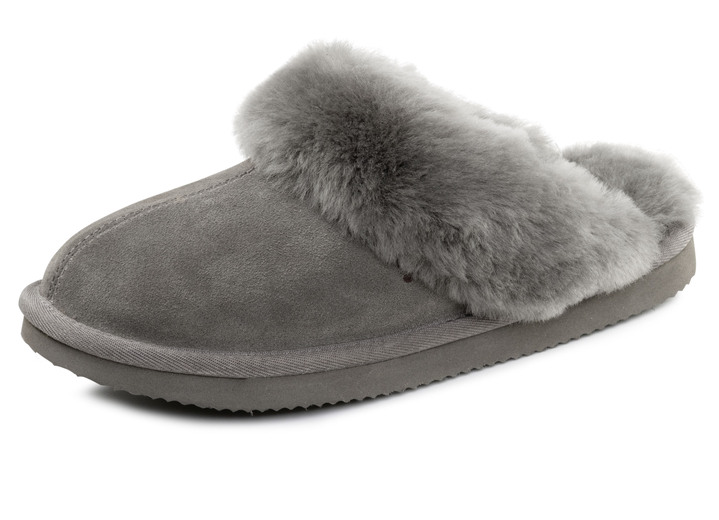 Huisschoenen - ELENA EDEN, warme damespantoffels, met lamsvacht, in Größe 036 bis 042, in Farbe GRIJS Ansicht 1