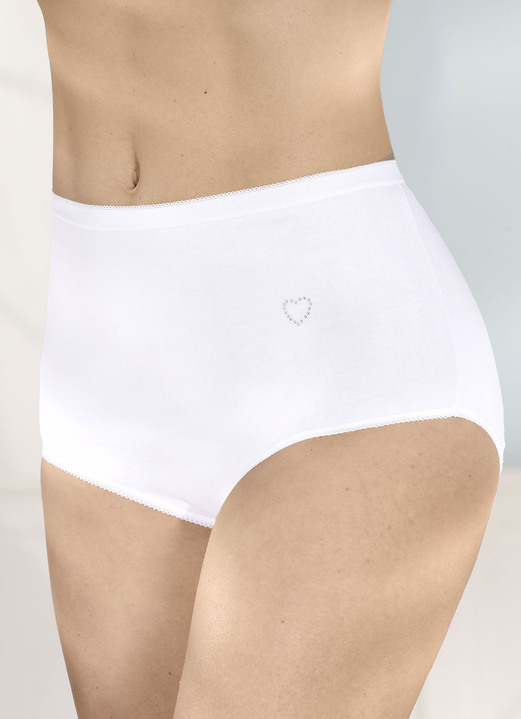 Slips - Verpakking van vier slips met een klein hartje met strass steentjes op de voorkant, in Größe 038 bis 056, in Farbe WEISS Ansicht 1