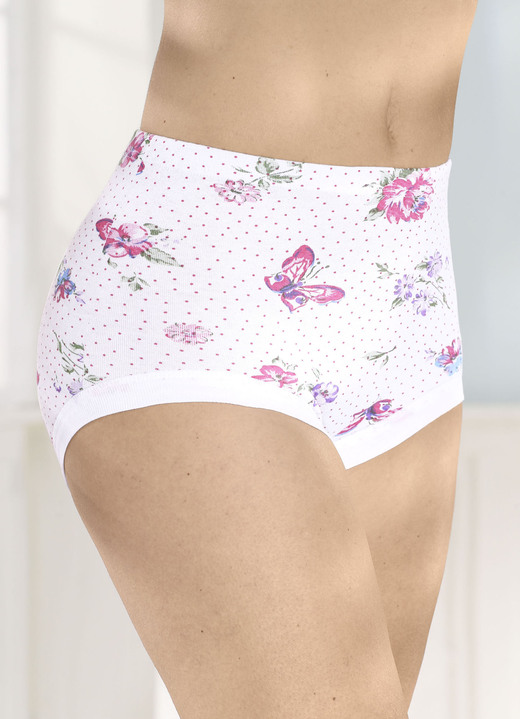 Slips - Verpakking van vijf slips met vervangbare elastische tailleband, in Größe 040 bis 060, in Farbe 3X WIT-ROZE-KLEURRIJK BEDRUKT, 2X WIT Ansicht 1