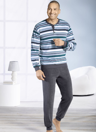 Pyjama van badstof-stretch, met knoopsluiting en manchetten