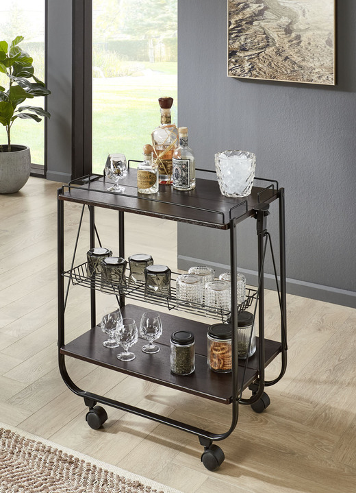 Kleine meubels - Opvouwbare serveerwagen met metalen frame, in Farbe ZWARTE WALNOOT