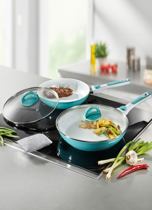 Potten & pannen - Pannenset met afneembare siliconen handgrepen, in Farbe WEISS-MINT Ansicht 1