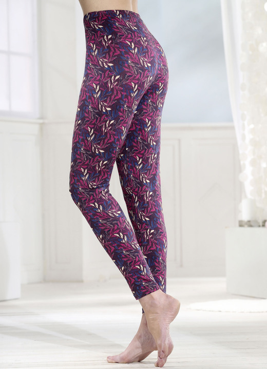 Leggings - Twee-pack leggings met elastische tailleband, in Größe 036 bis 052, in Farbe 1X BURGUND-JEANSBLAU-AZALEE-BUNT, 1X BURGUND