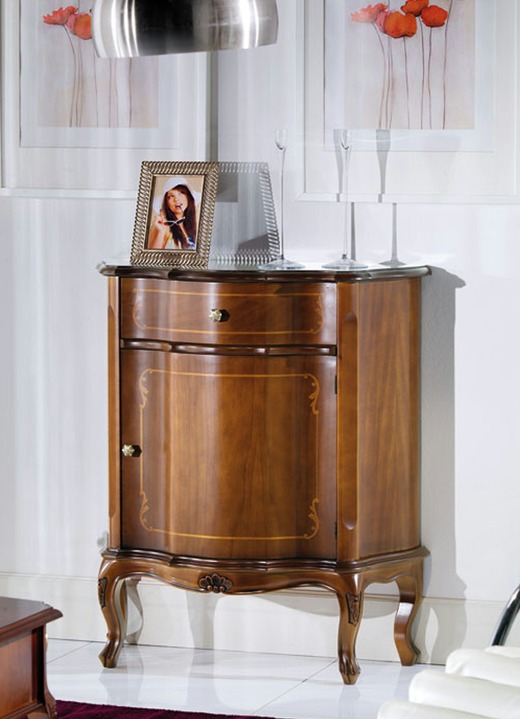 Meubels - Ladekast met intarsiawerk op de fronten, in Farbe NOTENBOOM, in Ausführung Commode, 1 deur Ansicht 1