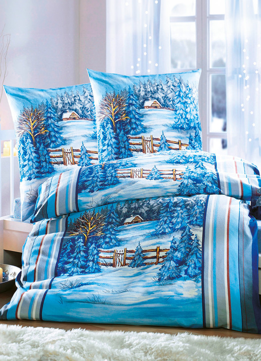 Beddengoed - Fijne beaverteen beddengoedset met sanfor-uitrusting, in Größe 112 (80/80 cm + 135/200 cm) bis 115 (80/80 cm + 155/220 cm), in Farbe BLAUW