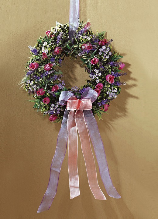 Kunst- & textielplanten - Wandkrans met rozen, vergeet-mij-nietjes en lavendel, in Farbe