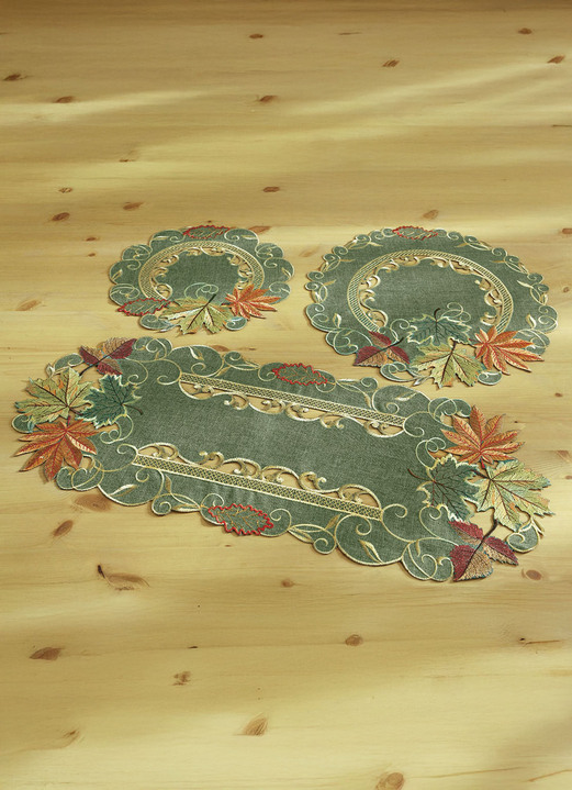 Woontextiel - Tafel- en kamerdecoratie met najaarsbladeren-dessin, in Größe 101 (loper, ovaal, 30 x 70 cm) bis 404 (Kussensloop, 40 x 40 cm), in Farbe GROEN Ansicht 1