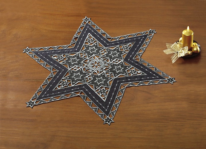 Tafellakens - Prachtig geborduurde tafeldecoratie, in Größe 130 (ster, 2-delige set, ؠ30 cm) bis Stervormig 160 cm., in Farbe ANTRACIET Ansicht 1