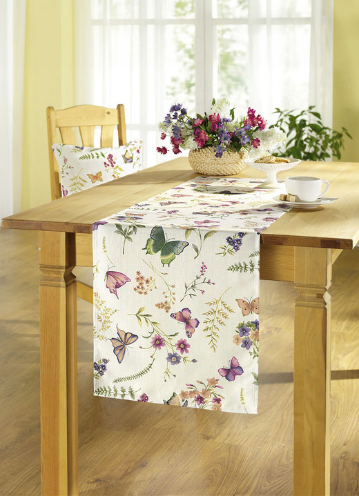 Woontextiel - Lente-achtige bedrukte tafel- en kamerdecoratie, in Größe 146 (loper 40 x 140 cm) bis 450 (Stoelkussen, 42 x 42 cm), in Farbe CRÈME/MULTICOLOR Ansicht 1