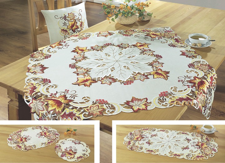 Woonaccessoires - Tafel- en kamerdecoratie met herfstloof-motief, in Größe 185 (Tafellaken, 85 x 85 cm) bis 404 (Kussensloop, 40 x 40 cm), in Farbe