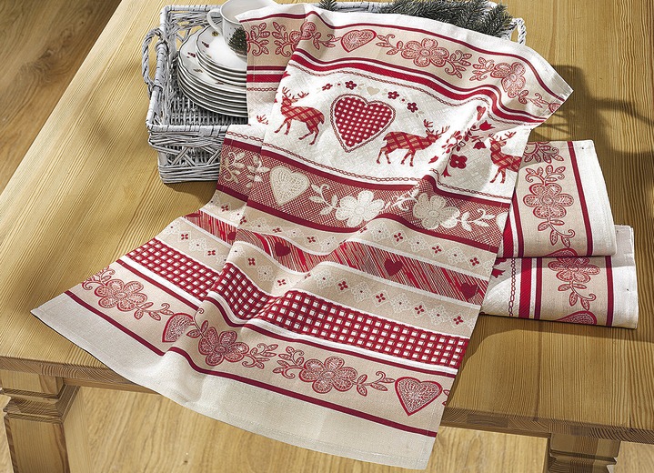 - Theedoeken, set van 3, met wintermotieven, in Farbe ROOD/WIT